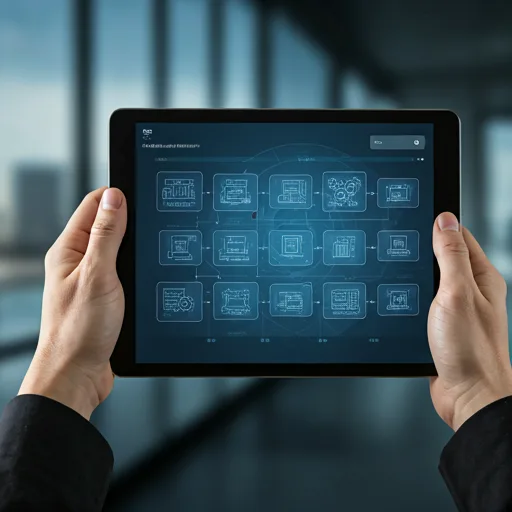 Technical platform diagram on a tablet — labeled APIs, data, and components.